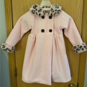 PETES PARTNER Vintage Faux Fur Animal Print Trim Pink Kids Coat with Hat Size 5